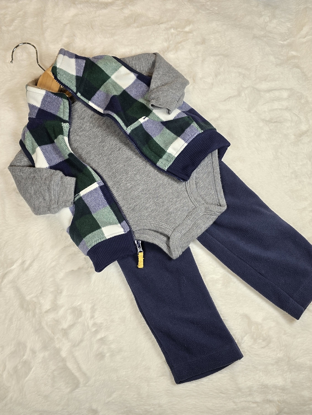 Carter's Gray Bodysuit with Navy Pants and Green/Navy Plaid Vest